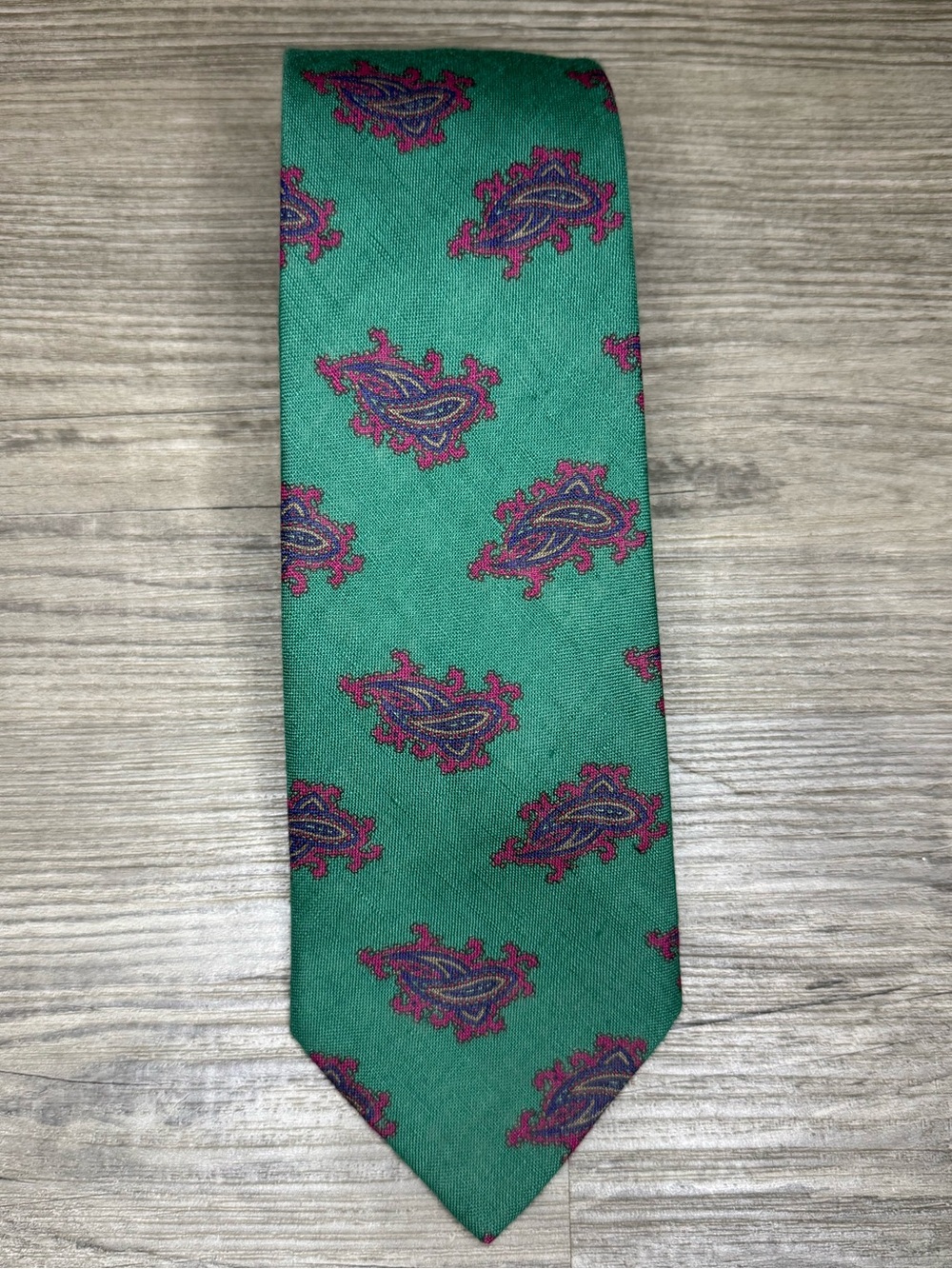 Mark Shale Necktie Mens OS Green Excellent Paisley Linen Hand Made Italy Classic